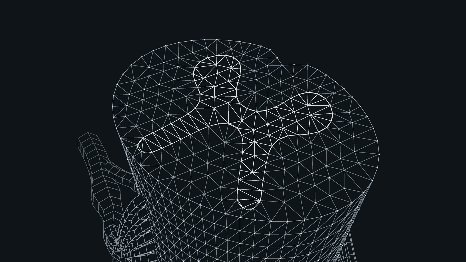 The cord segment and a root with its ganglion as a surface mesh, with the white and grey matter triangulated on the cut face